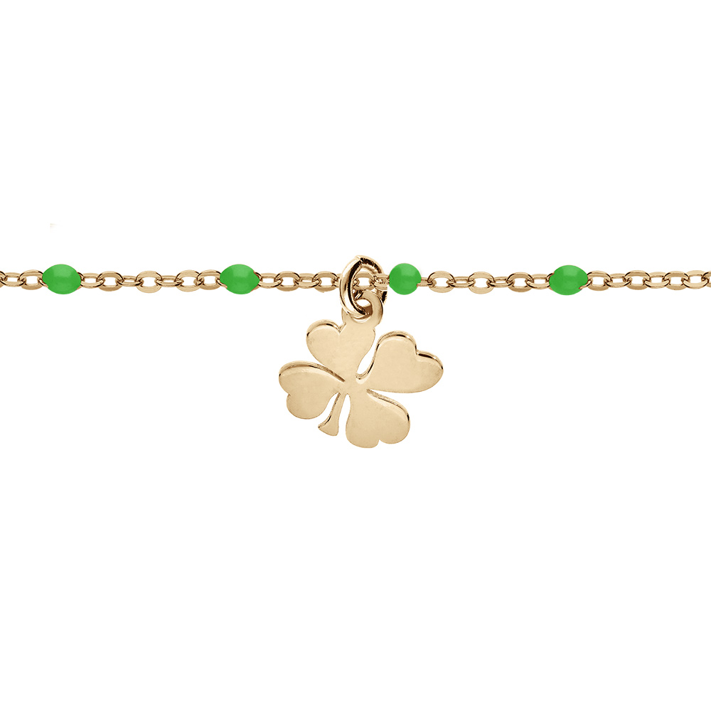 Bracelet en argent et dorure jaune cha�ne avec boules couleur verte et pampille tr�fle 15+3cm - Vue 1