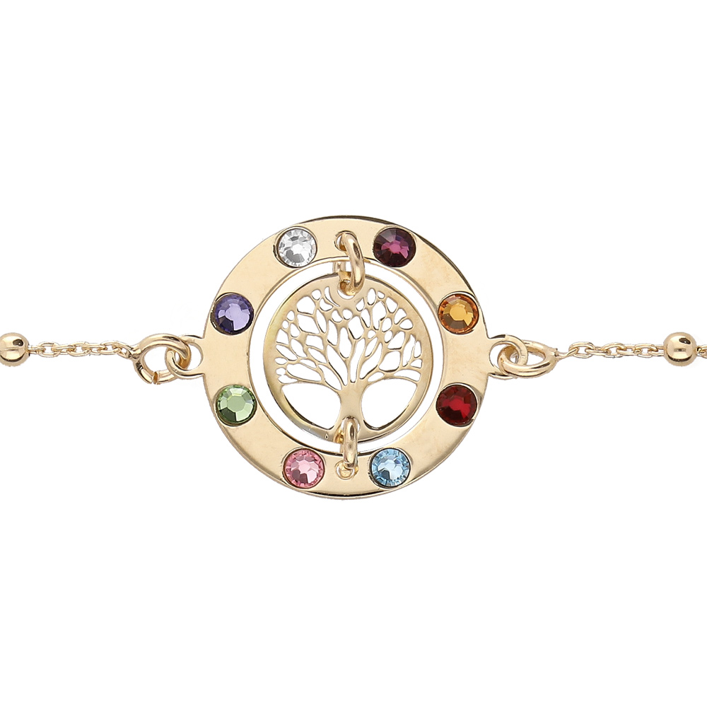 Bracelet en argent et dorure jaune cha�ne avec cercle arbre de vie contour pierres multi couleurs 16+3cm - Vue 1
