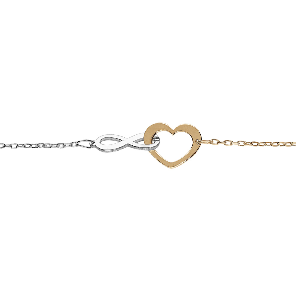 Bracelet en argent et dorure jaune cha�ne avec coeur et infini entrelac� 16+3cm - Vue 1