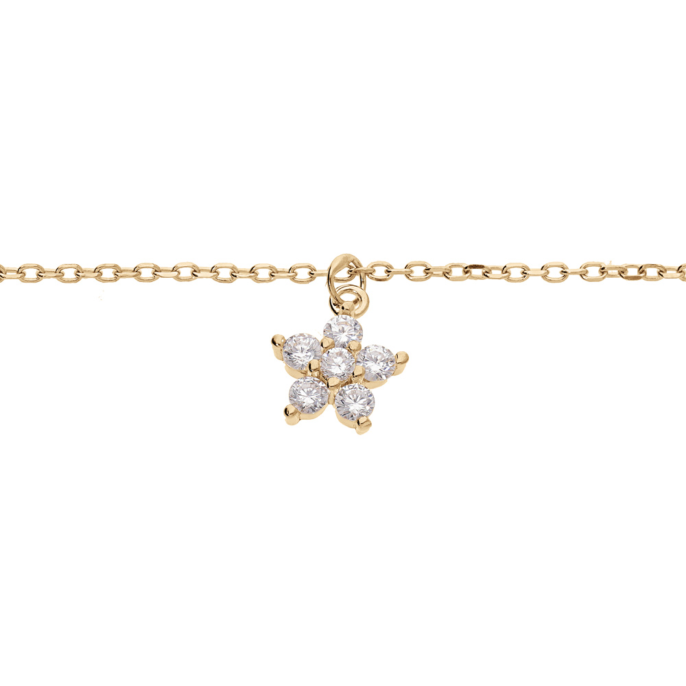 Bracelet en argent et dorure jaune cha�ne avec pampille fleur en oxydes blancs 15+3cm - Vue 1