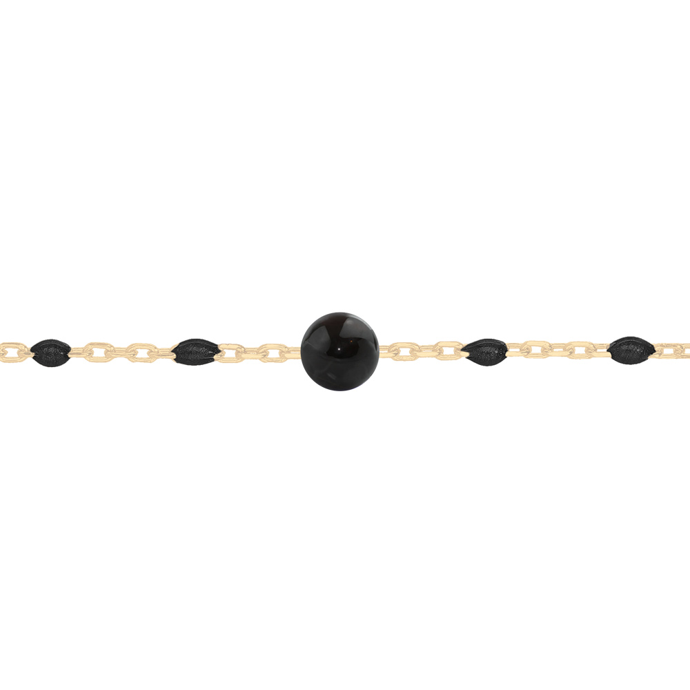 Bracelet en argent et dorure jaune cha�ne avec perles noires et pierre Agate noire v�ritable 16+3cm - Vue 1
