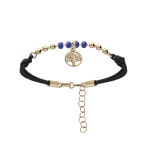 Bracelet en argent et dorure jaune cordon noir avec boules bleues et pampille arbre de vie 16+3cm - Vue 1