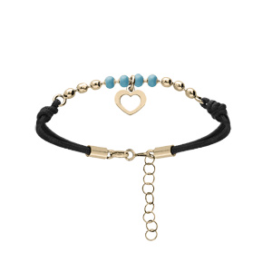 Bracelet en argent et dorure jaune cordon noir avec pampille coeur et perles bleues 16+3cm - Vue 1