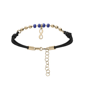 Bracelet en argent et dorure jaune cordon noir avec pampille infini et perles bleues 16+3cm - Vue 1