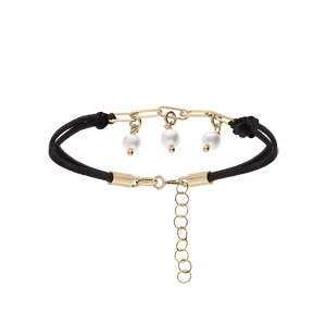 Bracelet en argent et dorure jaune cordon noir maille rectangulaire et pampille perles blanches de synthse 16+3cm - Vue 1