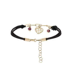 Bracelet en argent et dorure jaune cordon noir maille rectangulaire et pampilles coeurs et pierres violettes 16+3cm - Vue 1