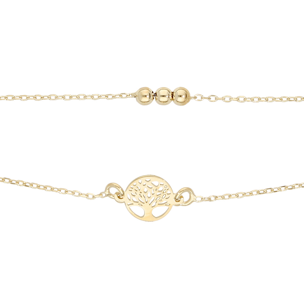 Bracelet en argent et dorure jaune double cha�ne arbre de vie et boules 16+3cm - Vue 1
