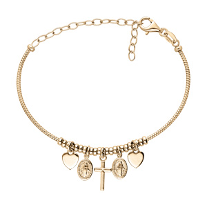 Bracelet en argent et dorure jaune semi rigide avec pampilles c�ur, croix et vierge miraculeuse r�glable