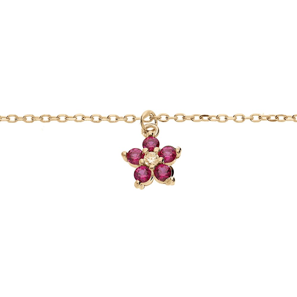 Bracelet en argent et dorure rhodi� cha�ne avec pampille fleur en oxydes framboise 15+3cm - Vue 1
