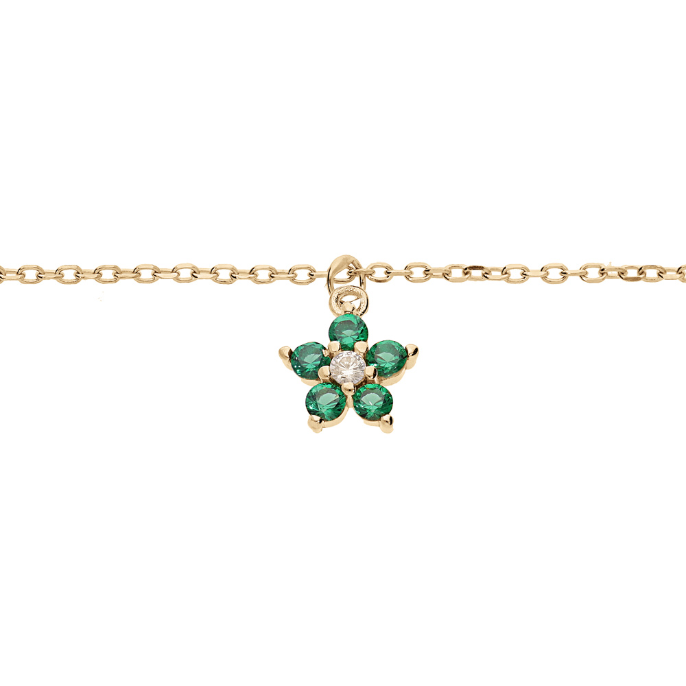 Bracelet en argent et dorure rhodi� cha�ne avec pampille fleur en oxydes vert 15+3cm - Vue 1