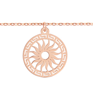 Bracelet en argent et dorure rose chaîne avec pampille rond découpé en méandres grecs sur le tour et soleil au milieu - longueur 16cm + 3cm de rallonge - Vue 1