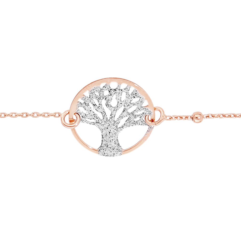 Bracelet en argent et dorure rose cha�ne avec pastille arbre de vie granit� 15mm 16+3cm - Vue 1