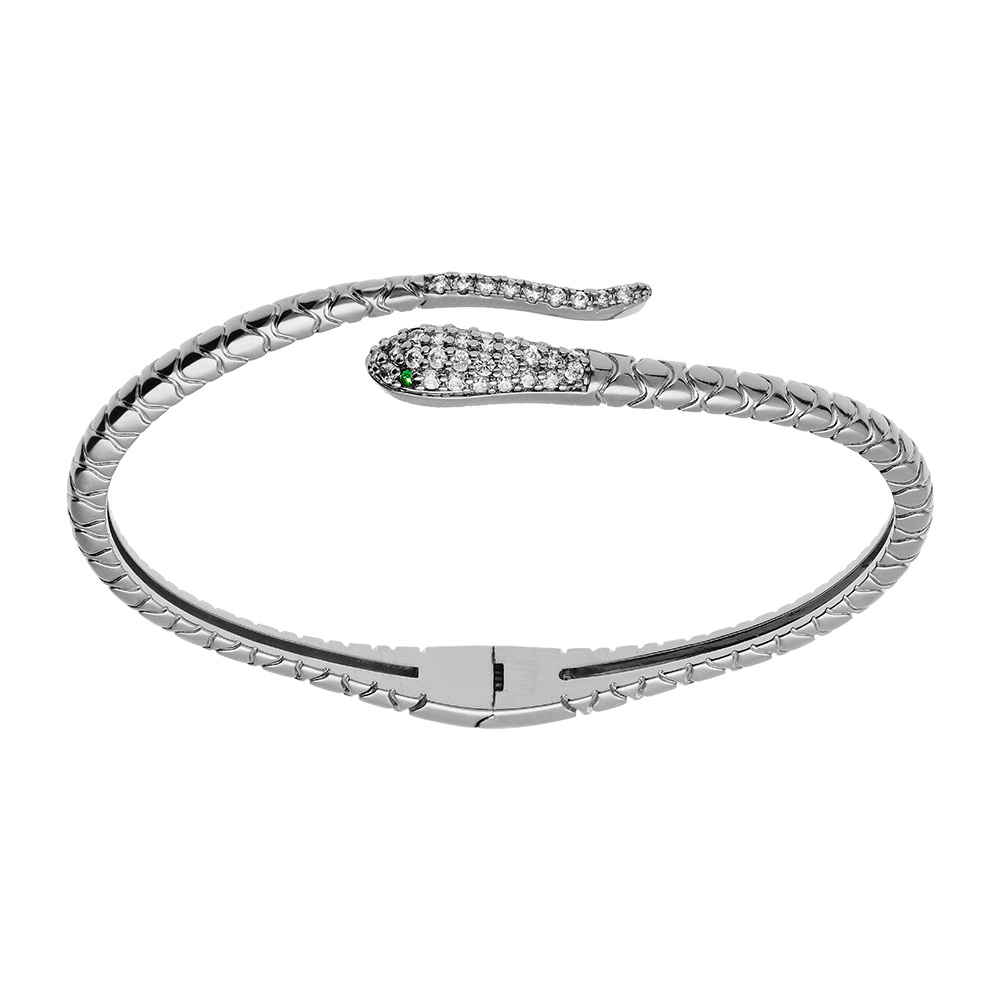 Bracelet en argent massif serpent articul� oxydes blancs et yeux oxydes verts diam�tre 60mm - Vue 1