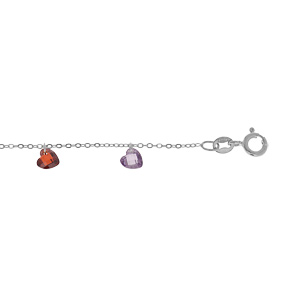 Bracelet en argent palladium chaîne avec pampilles coeurs multi couleurs 17+3cm - Vue 1