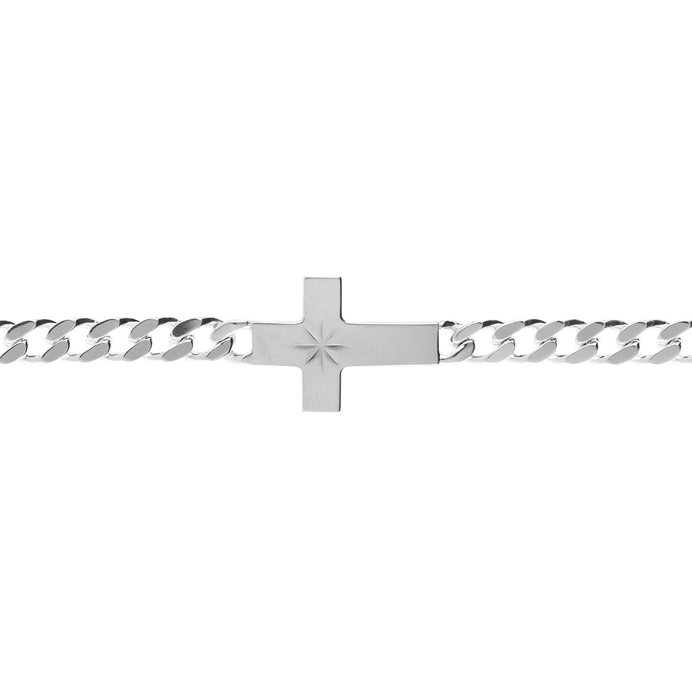 Bracelet en argent passiv� maille gourmette 5mm croix plate lisse diamant�e etoil�e - 19cm - Vue 1