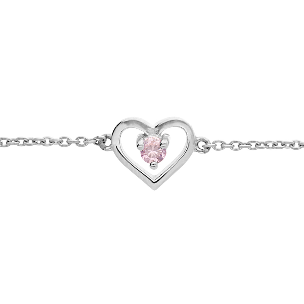 Bracelet en argent platin� cha�ne avec coeur et oxyde rose 14+3cm - Vue 1