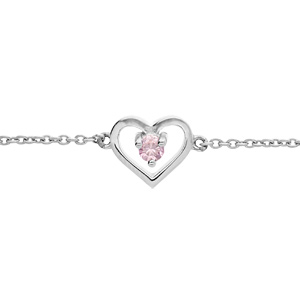 Bracelet en argent platin chane avec coeur et oxyde rose 14+3cm - Vue 1