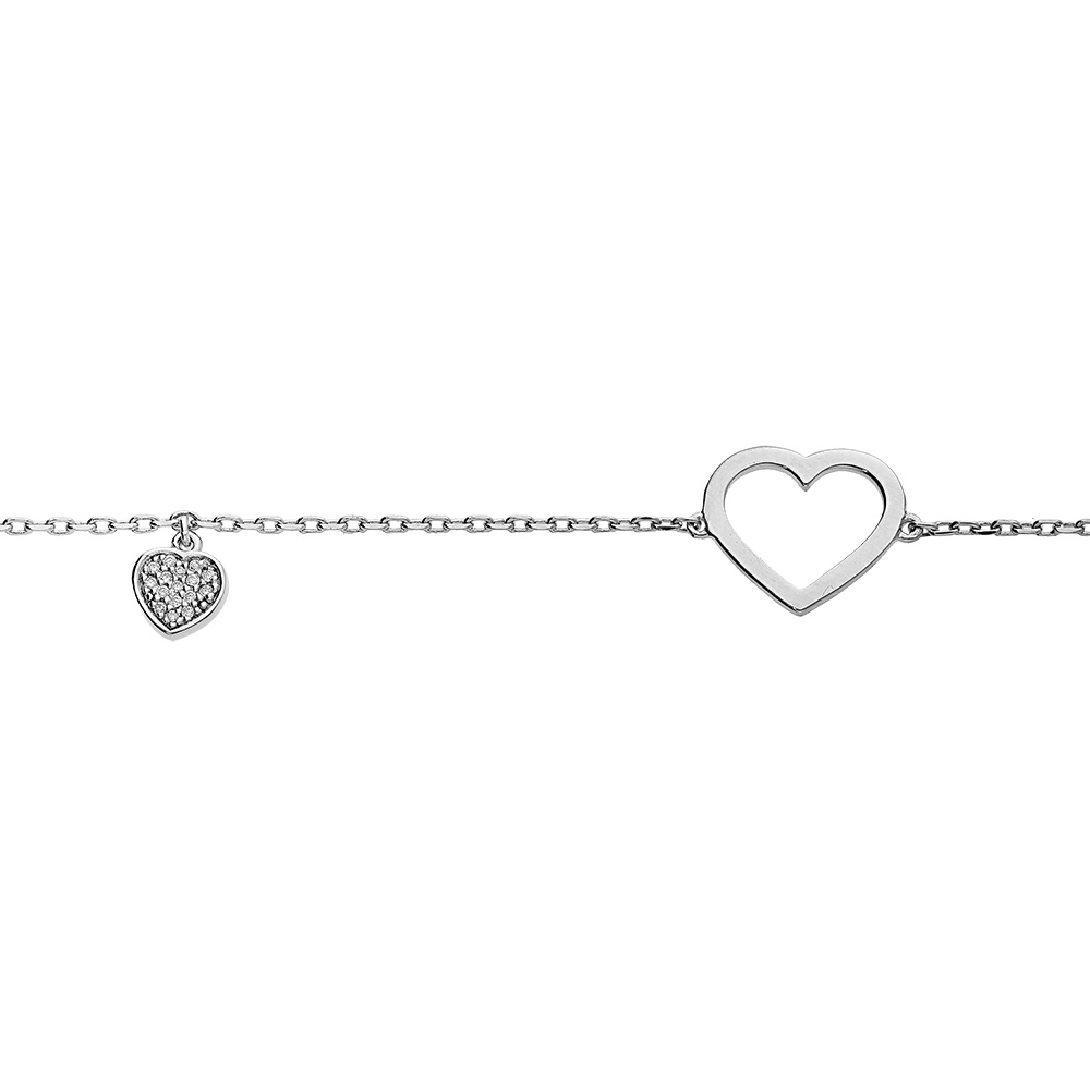 Bracelet en argent platin� cha�ne avec coeur �vid� et pampille coeur oxydes blancs sertis 16+3cm - Vue 1
