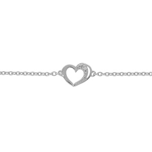 Bracelet en argent platin chane avec coeur oxydes blancs sertis 15+3cm - Vue 1