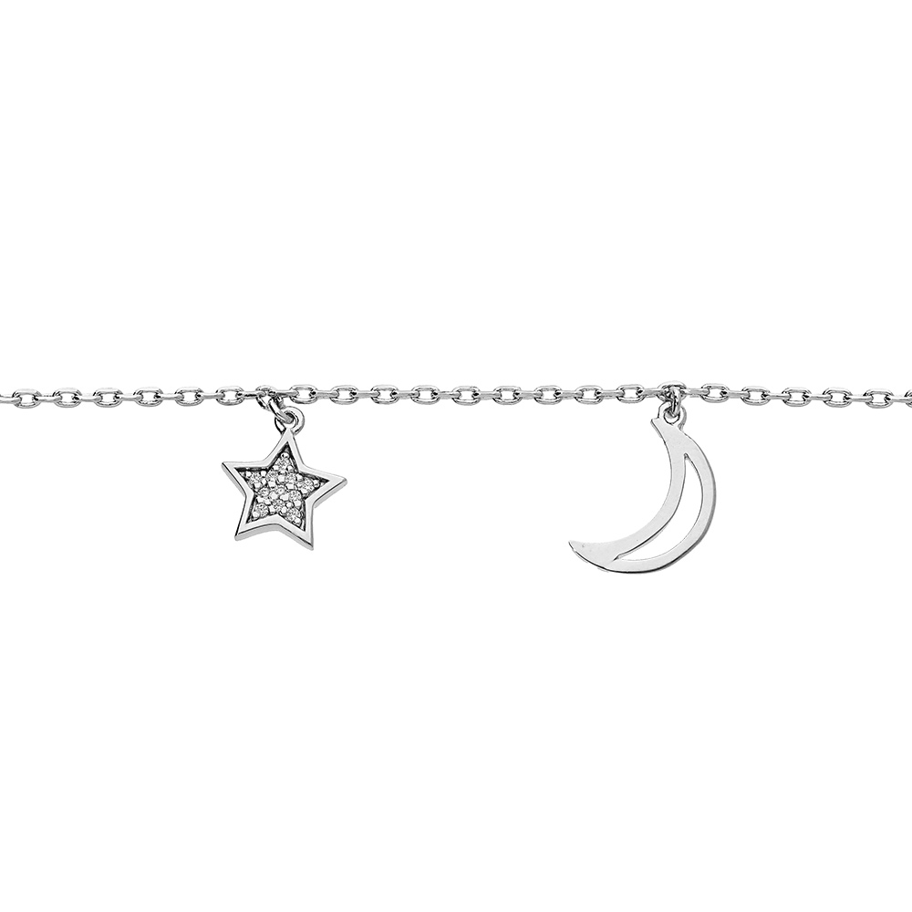 Bracelet en argent platin� cha�ne avec pampilles lune �vid�e et �toile pav�e d\'oxydes blancs sertis 16+3cm - Vue 1