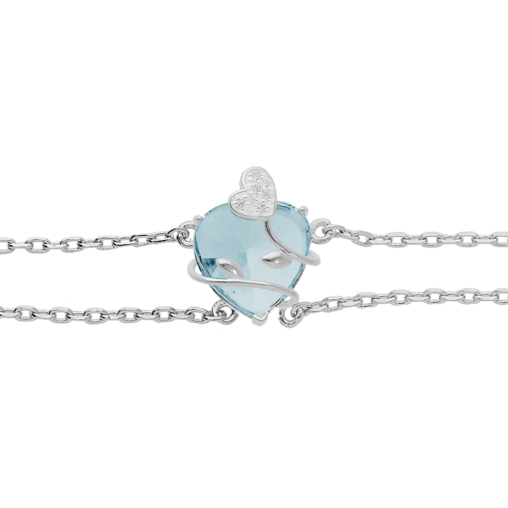 Bracelet en argent platin� double cha�ne avec coeur d\'oxyde bleu ciel motif volute 16+3cm - Vue 1