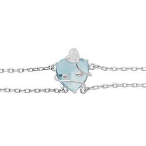 Bracelet en argent platin double chane avec coeur d\'oxyde bleu ciel motif volute 16+3cm - Vue 1