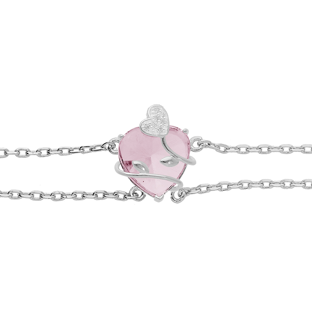 Bracelet en argent platin� double cha�ne avec coeur oxyde rose ciel motif volute 16+3cm - Vue 1