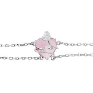 Bracelet en argent platin double chane avec coeur oxyde rose ciel motif volute 16+3cm - Vue 1