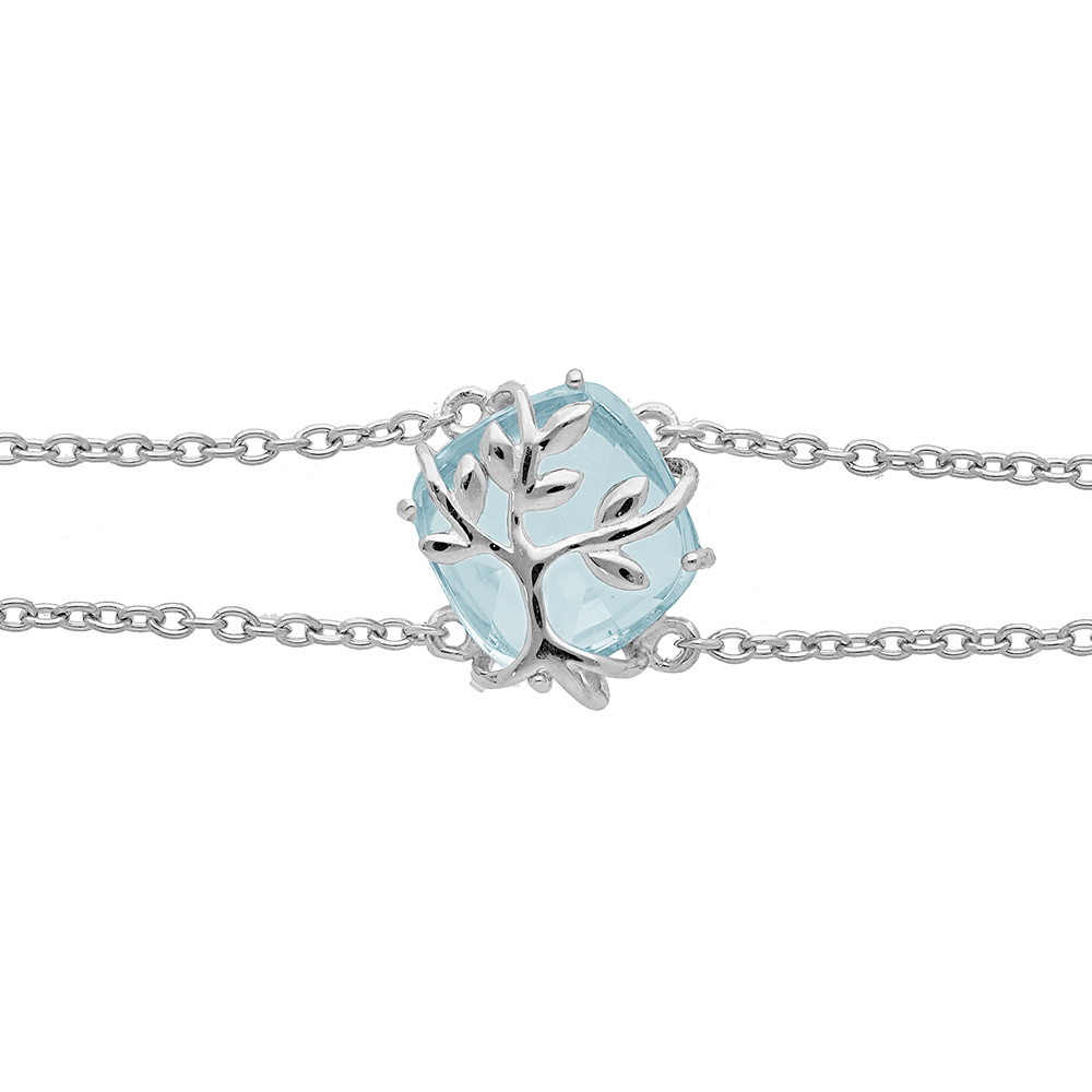 Bracelet en argent platin� double cha�ne avec oxyde bleu ciel motif arbre de vie 16+3cm - Vue 1