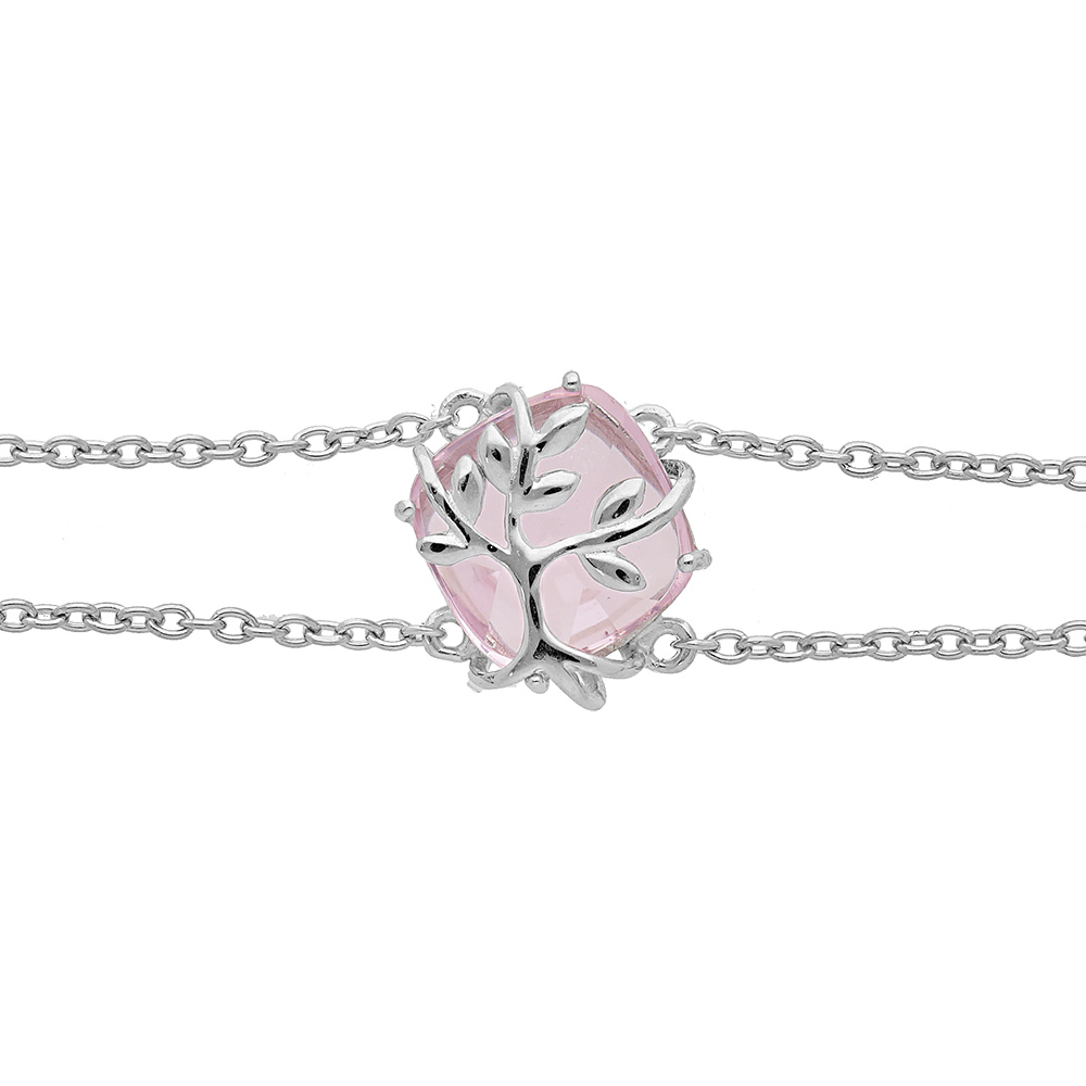 Bracelet en argent platin� double cha�ne avec oxyde rose motif arbre de vie 16+3cm - Vue 1