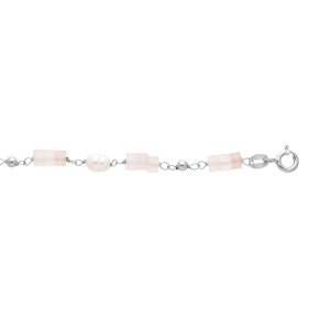 Bracelet en argent platin rondelles de Quartz rose poudr vritable et Perles de Culture d\'eau douce 16+3cm - Vue 1