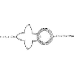 Bracelet en argent rhodhi� compos� d�un anneau pav� de pierres blanches et d�un pendentif ajour� en forme de tr�fle -  16+2cm