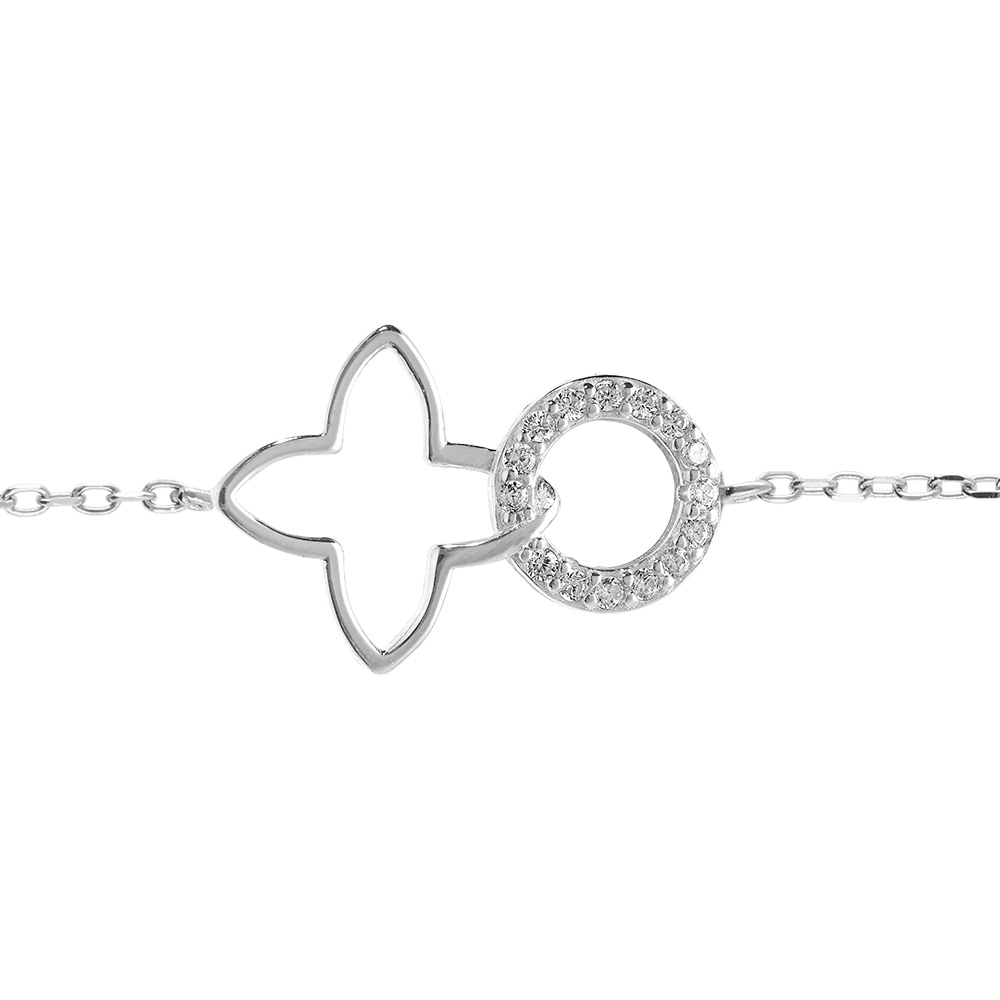 Bracelet en argent rhodhi� compos� d�un anneau pav� de pierres blanches et d�un pendentif ajour� en forme de tr�fle -  16+3cm - Vue 1