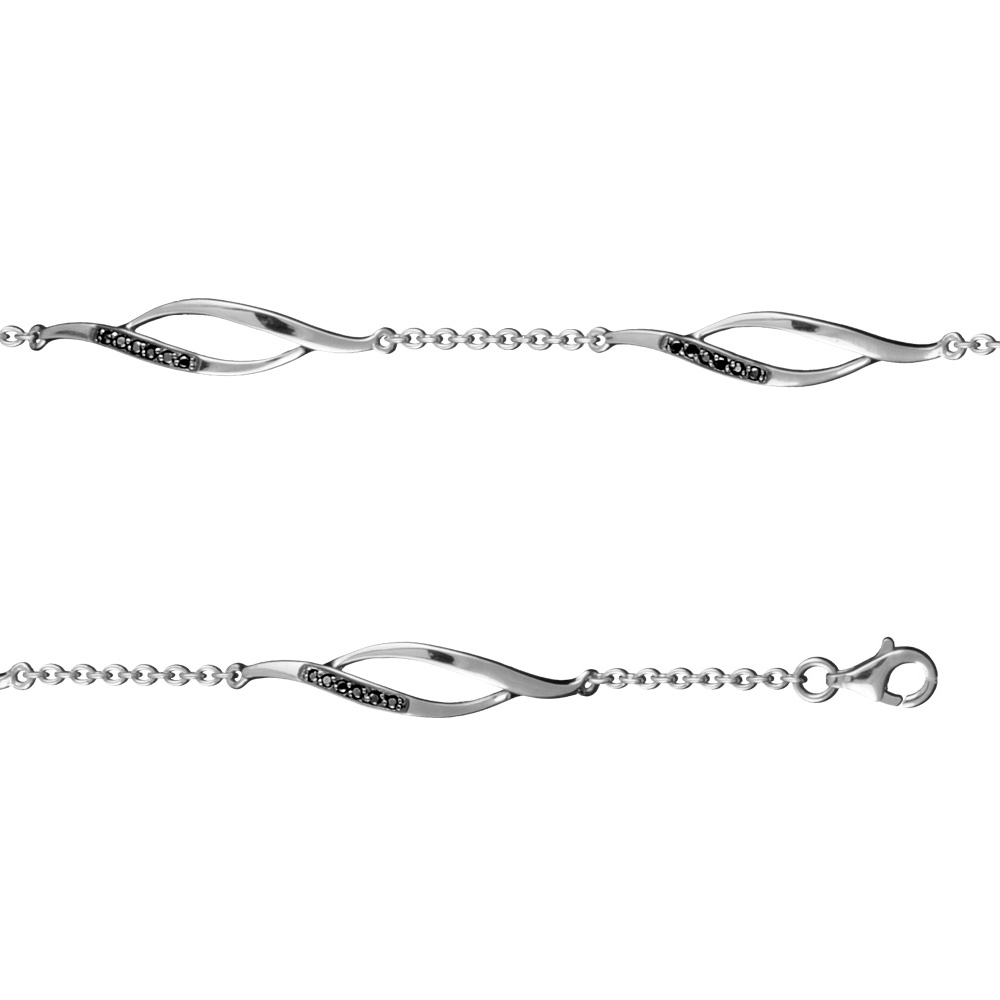 Bracelet en argent rhodi� alternance de cha�nes et d\'1 torsade l�che orn�e d\'oxydes noirs - longueur 16cm + 3cm - Vue 1
