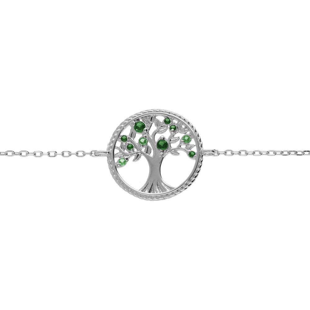 Bracelet en argent rhodi�, arbre de vie contour perl� avec oxydes verts 16+2cm - Vue 1