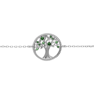 Bracelet en argent rhodi, arbre de vie contour perl avec oxydes verts 16+2cm - Vue 1