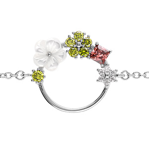 Bracelet en argent rhodi� avec fleurs d'oxydes color�s et sa fleur de nacre blanche - 16+2cm