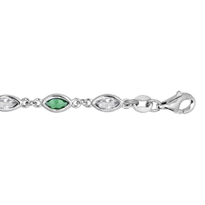 Bracelet en argent rhodi avec oxydes blancs et verts en forme de navette longueur 16+3cm - Vue 1