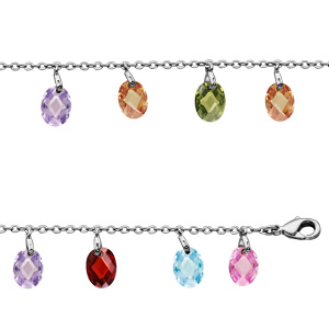 Bracelet en argent rhodié avec oxydes forme de gouttes suspendues multicolores 17cm + 2cm - Vue 1