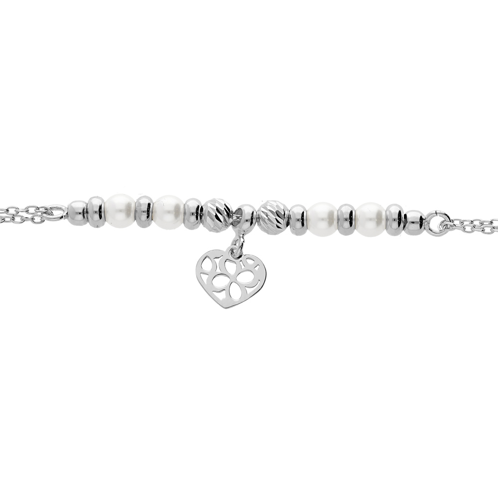 Bracelet en argent rhodi� avec pampille coeur et perle blanche de synth�se 16+3cm - Vue 1