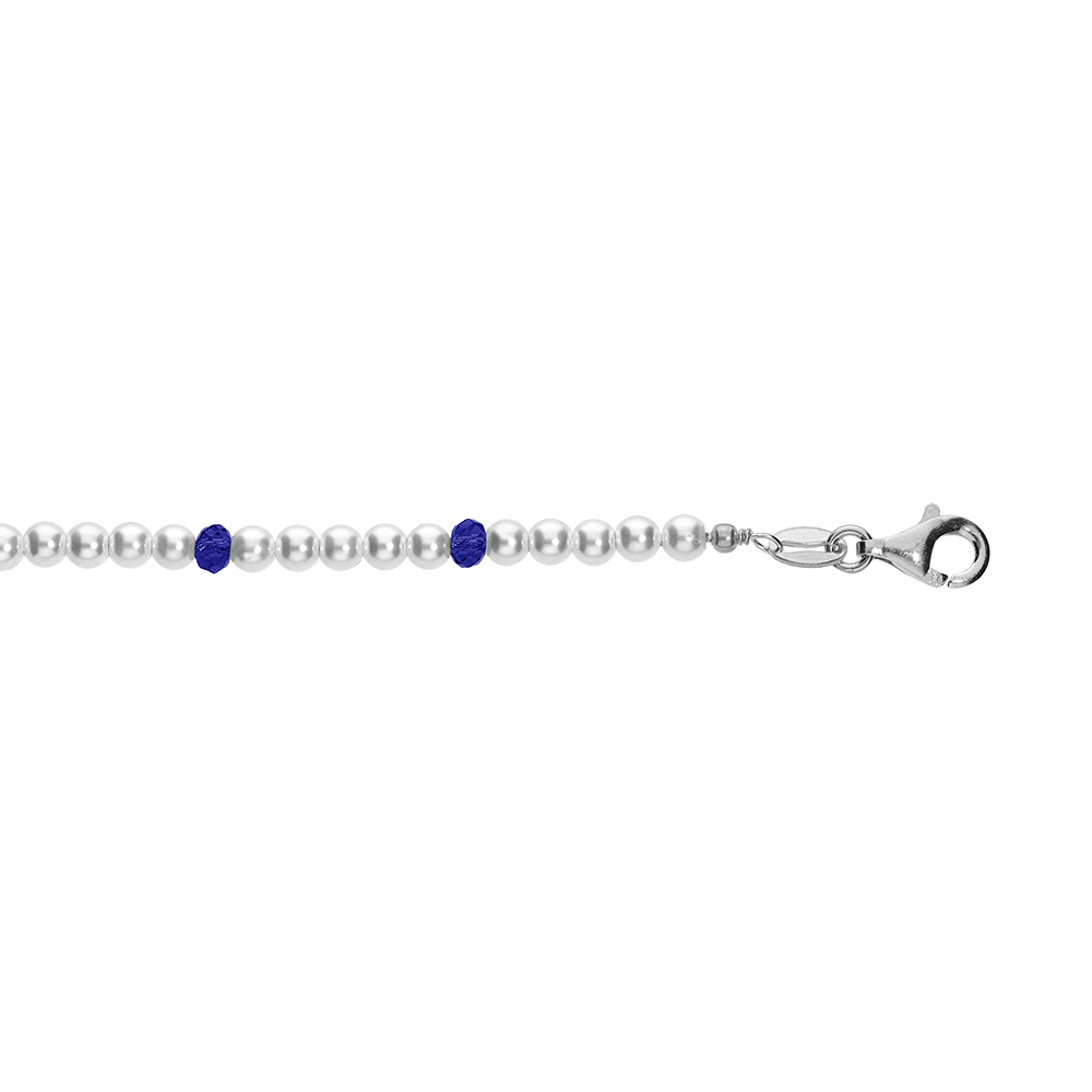 Bracelet en argent rhodi� avec perles 3mm blanche de synth�se et perles bleues 16+3cm - Vue 1