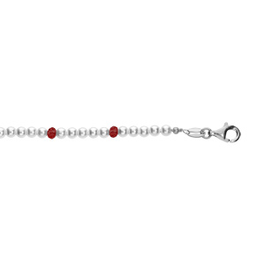 Bracelet en argent rhodi avec perles 3mm blanche de synthse et perles rouges 16+3cm - Vue 1