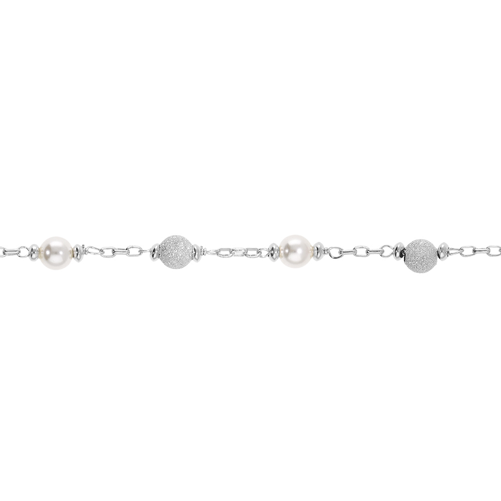 Bracelet en argent rhodi� boules givr�es et perles blanches imitation - 16+3cm - Vue 1