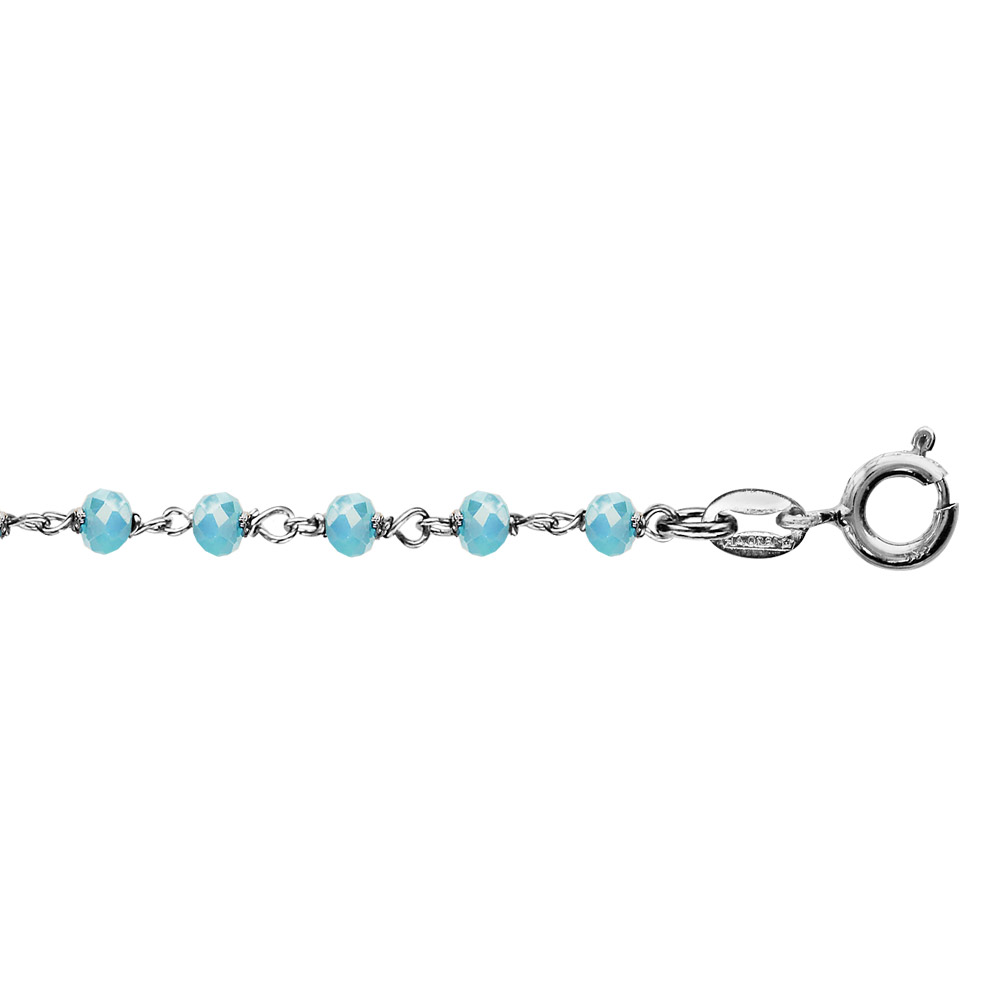 Bracelet en argent rhodi� boules perles de verre facett�es bleu clair 15cm + 3cm - Vue 1