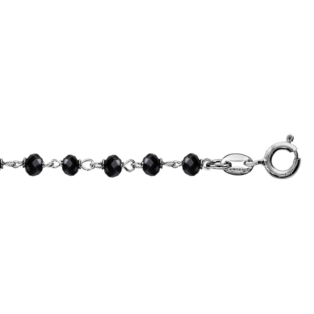 Bracelet en argent rhodi� boules perles de verre facett�es noires 15cm + 3cm - Vue 1
