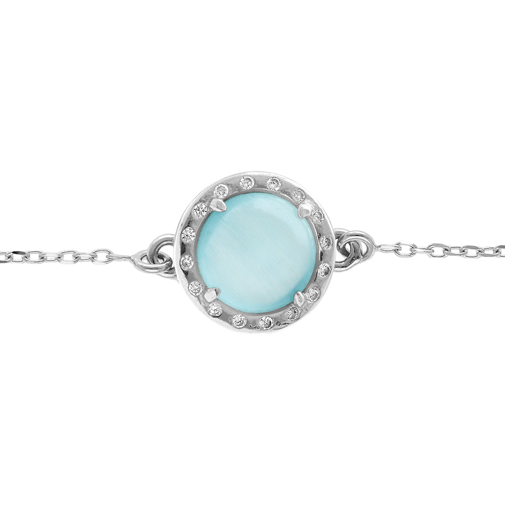 Bracelet en argent rhodi� cabochon bleu ciel - 15+3cm - Vue 1