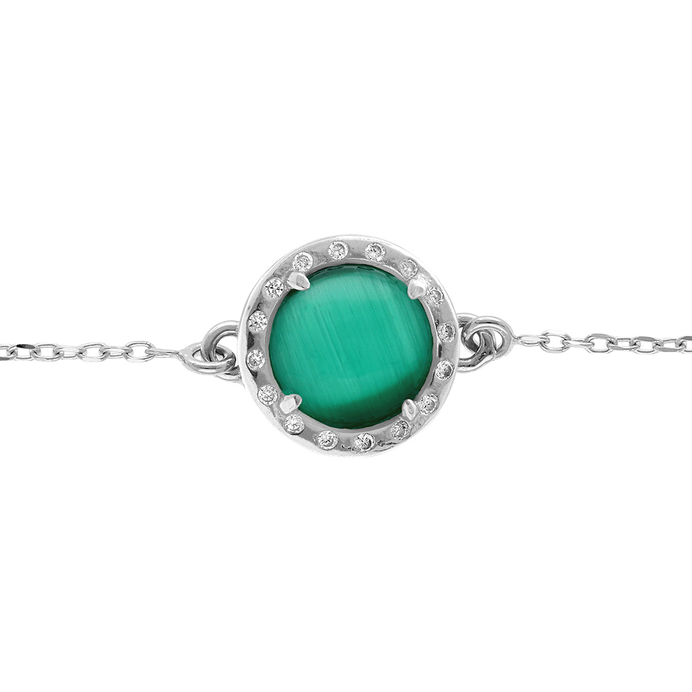 Bracelet en argent rhodi� cabochon vert fonc� - 15+3cm - Vue 1