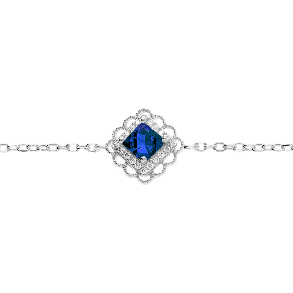 Bracelet en argent rhodi� carr� oxyde bleu serti contour oxydes blancs et dentel� -15+3cm - Vue 1