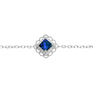 Bracelet en argent rhodi� carr� oxyde bleu serti contour oxydes blancs et dentel� -15+3cm