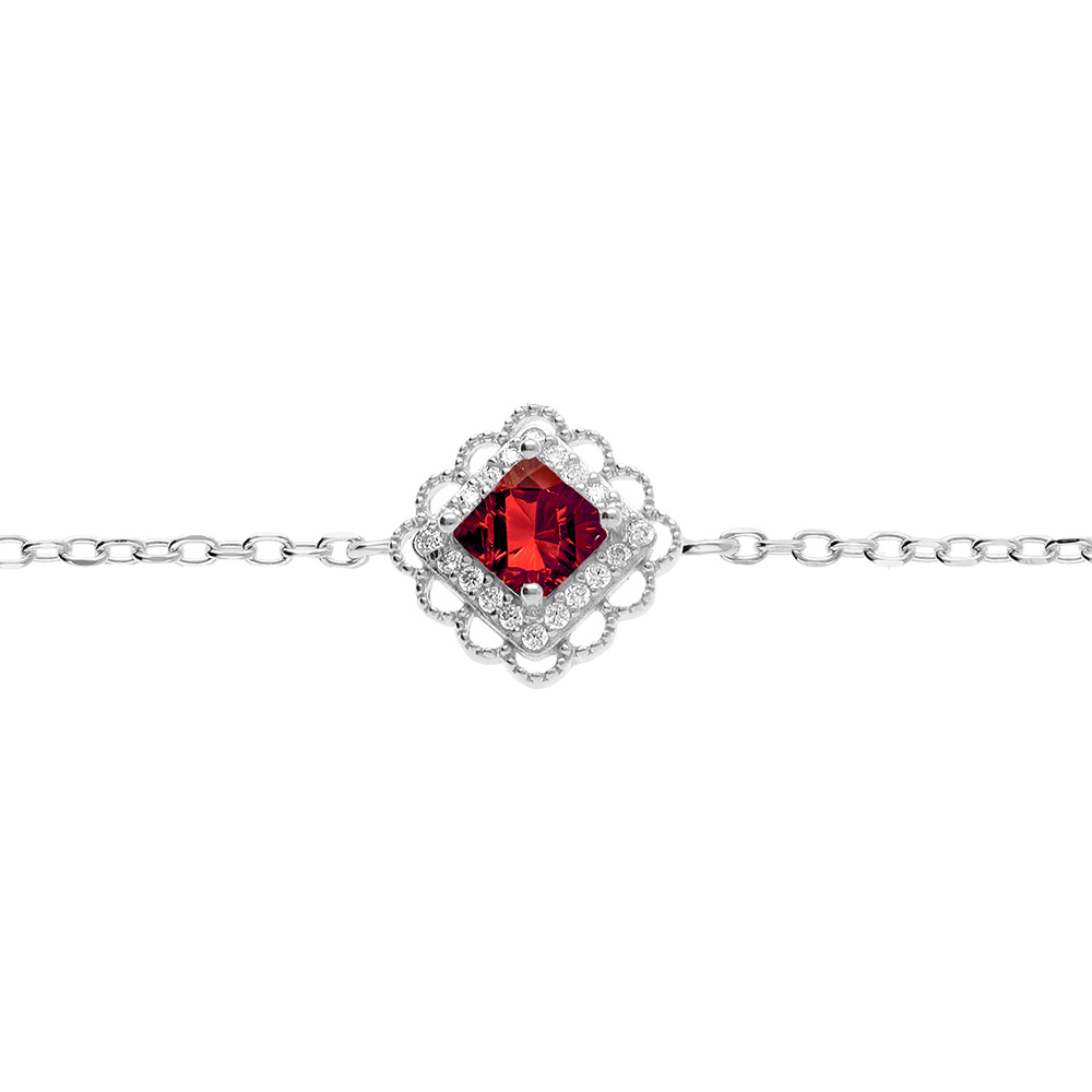 Bracelet en argent rhodi� carr� oxyde rouge serti contour oxydes blancs et dentel� - 15+3cm - Vue 1